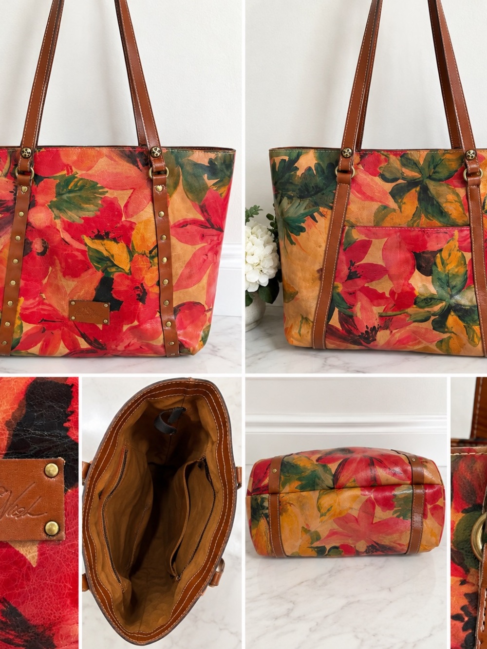 Patricia Nash Multicolor Floral Leather Tote with Brown Trim Western Chic Boho